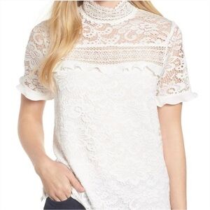 Gibson size s White short sleeved lace front blouse back zipper High Neck